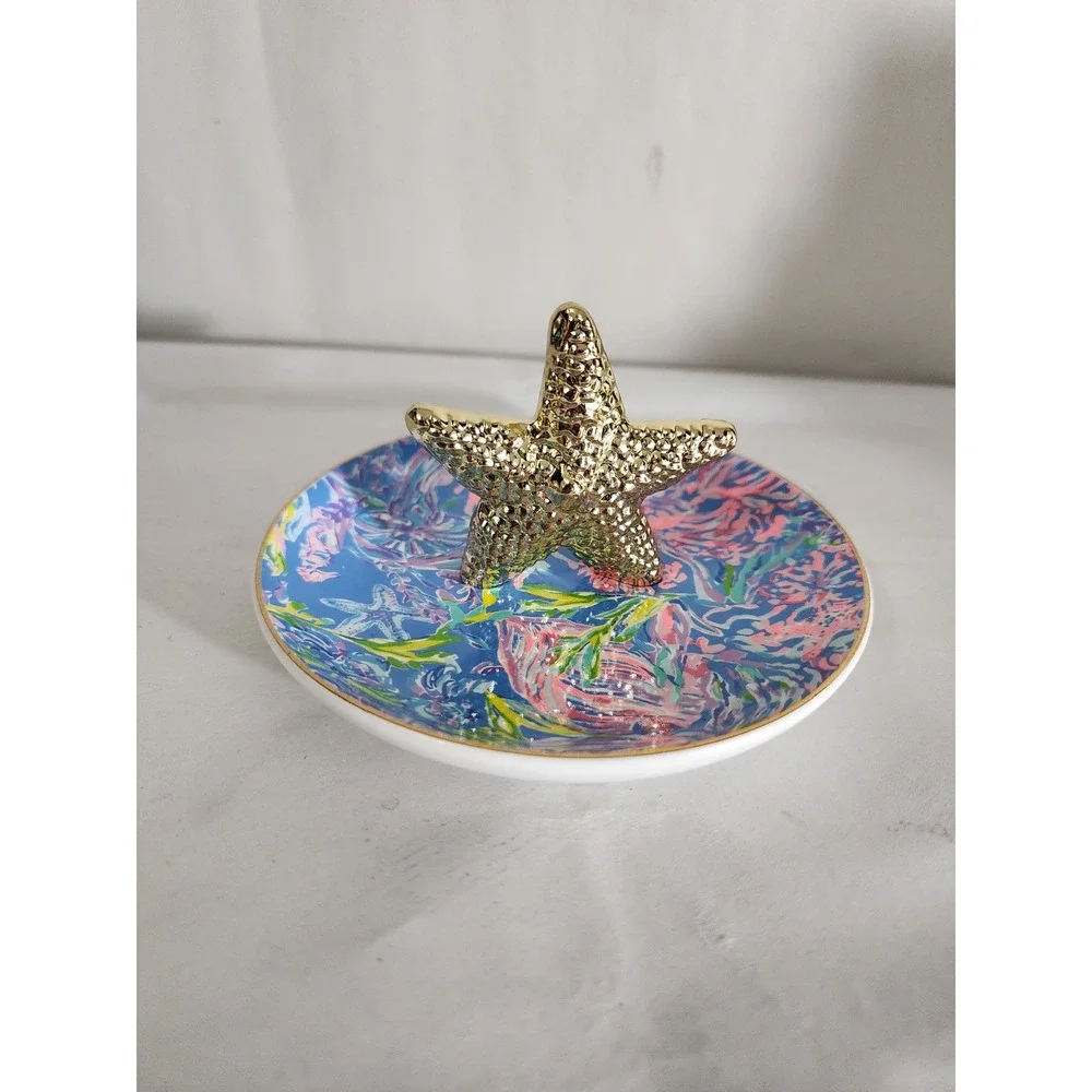 Lilly Pulitzer All Together Now Starfish Trinket Dish Ring Holder Gold Blue